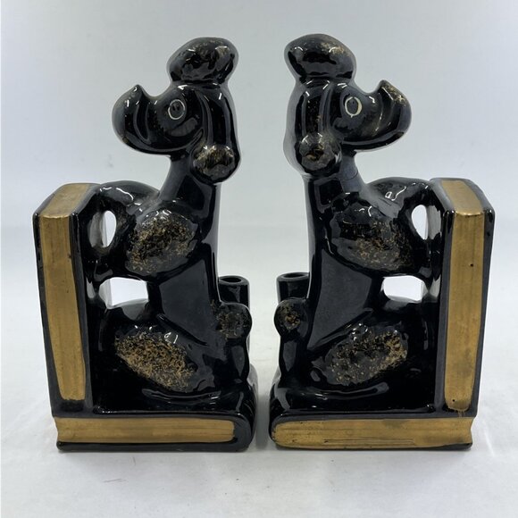 Vintage Black Poodle Dog Porcelain Bookends Set Pen Pencil Holder Japan - Picture 6 of 13